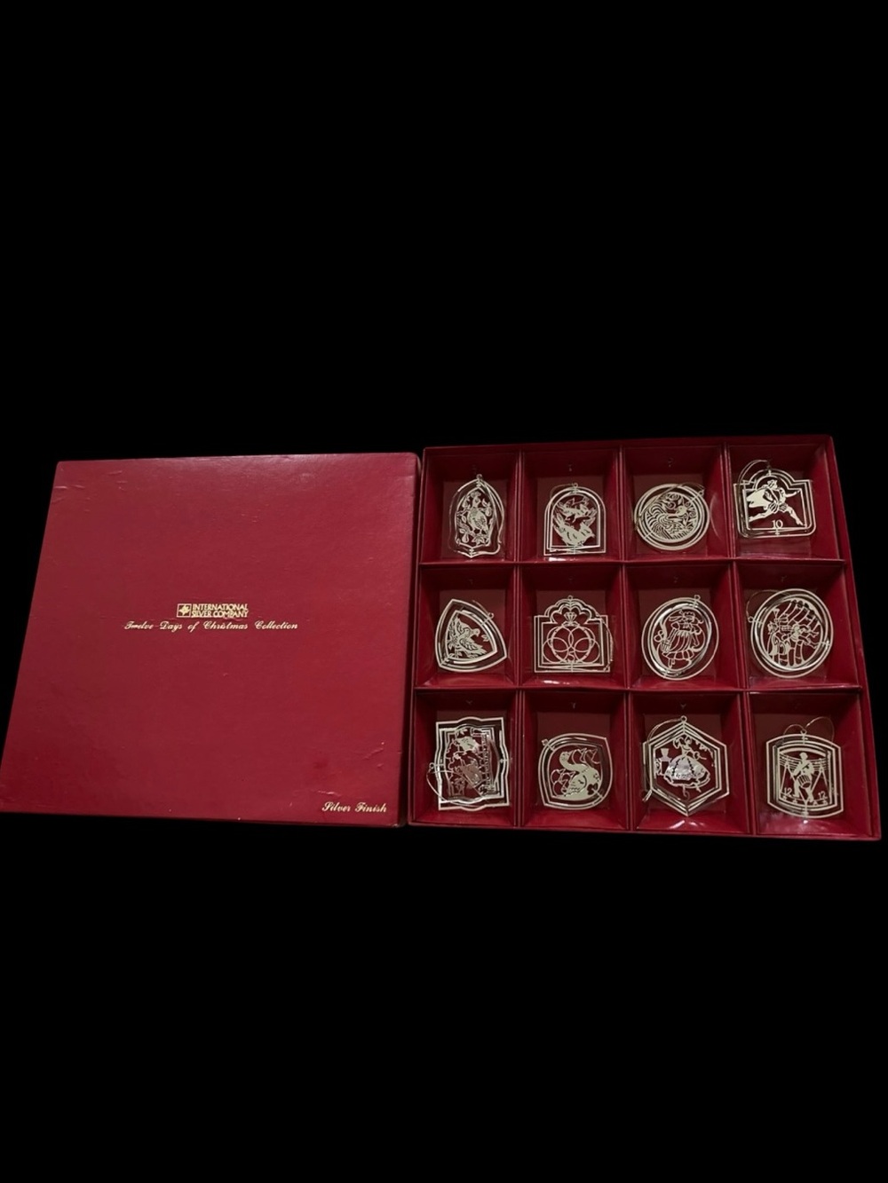 Vintage International Silver Co. 12 Christmas Ornament Set Gold-Tone Filigree